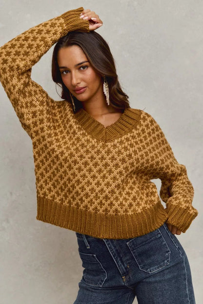 SO ME Color Block Textured Christmas Sweater V Neck Top West2East Surf