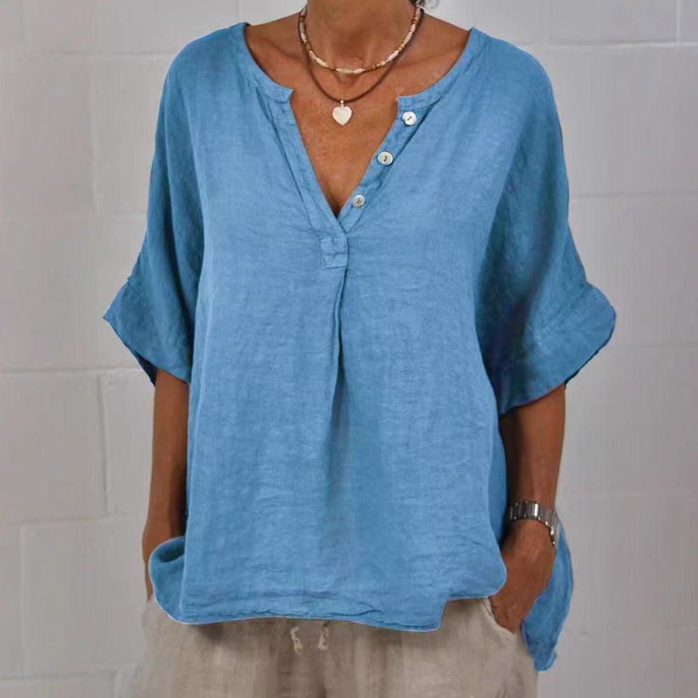 Women's Cotton Linen V-Neck Button-Up Shirt FitiqueFit