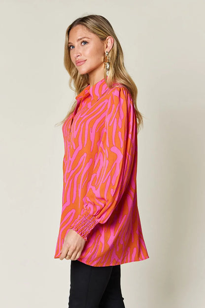 Double Take Full Size Printed Smocked Long Sleeve Blouse Plus Size New Era Fashion LLc
