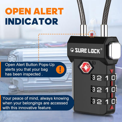 TSA Approved Luggage Locks – 3-Digit Combination Cable Lock with Red Indicator, Large Dial & Easy-Press Button for Suitcases and Backpacks – Multi-Pack & Color Options