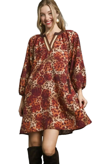 Umgee Animal Print Boho Tunic Dress with Contrast Trim Detail West2East Surf