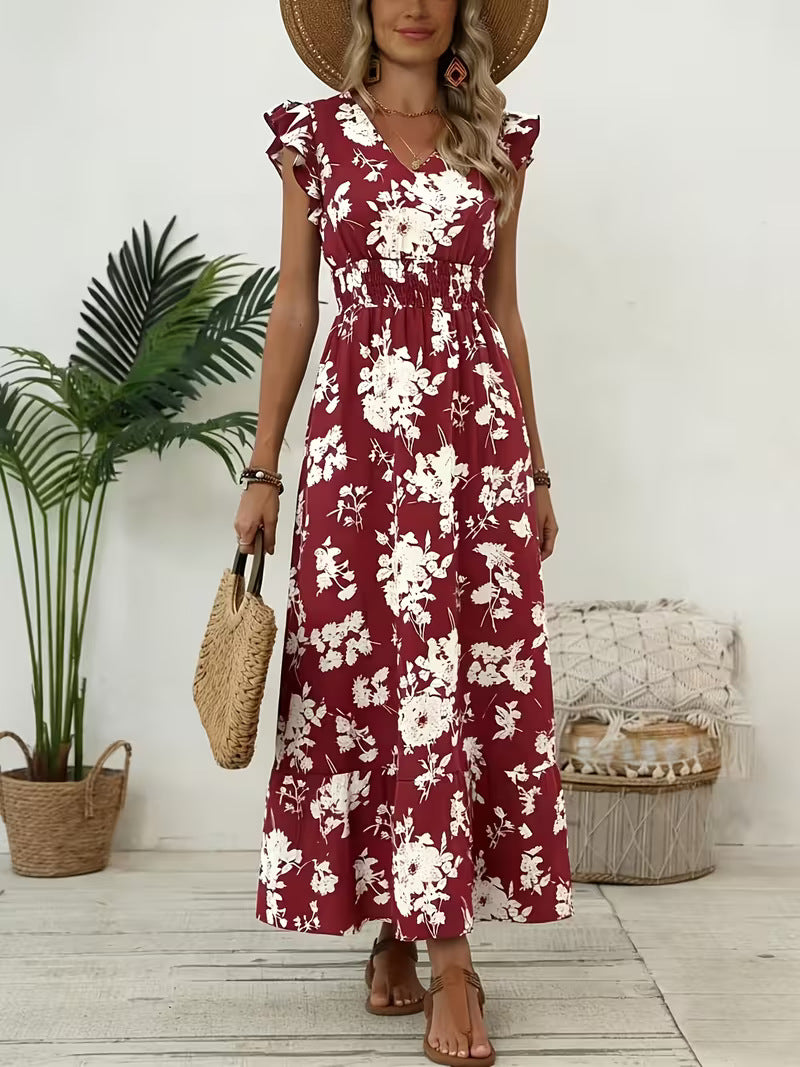 Women's V-Neck Floral Print A-Line Midi Dress – High Waist Sleeveless FitiqueFit