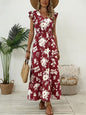 Women's V-Neck Floral Print A-Line Midi Dress – High Waist Sleeveless FitiqueFit