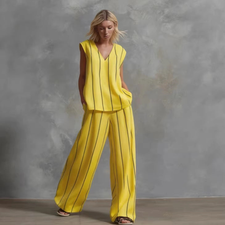 Women’s Sleeveless Striped Top and Full-Length Pants Set FitiqueFit
