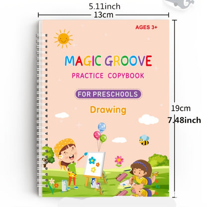 4-Piece Set of Kindergarten Learning Supplies: Children's Hard Pen Grooved Copybook, Magic Calligraphy Practice Book, Educational and Scientific Toy Grooved Copybook, Fade-Resistant Embossed Writing Practice Book, Reusable Ma NovaCart