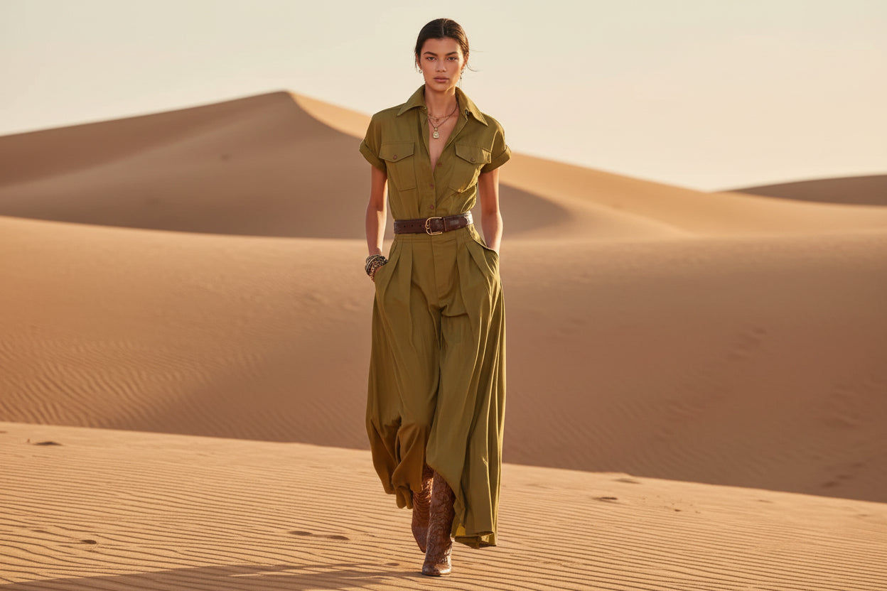 Women's Short-Sleeve Shirt Maxi Dress With Pockets – A-Line Stand Collar FitiqueFit