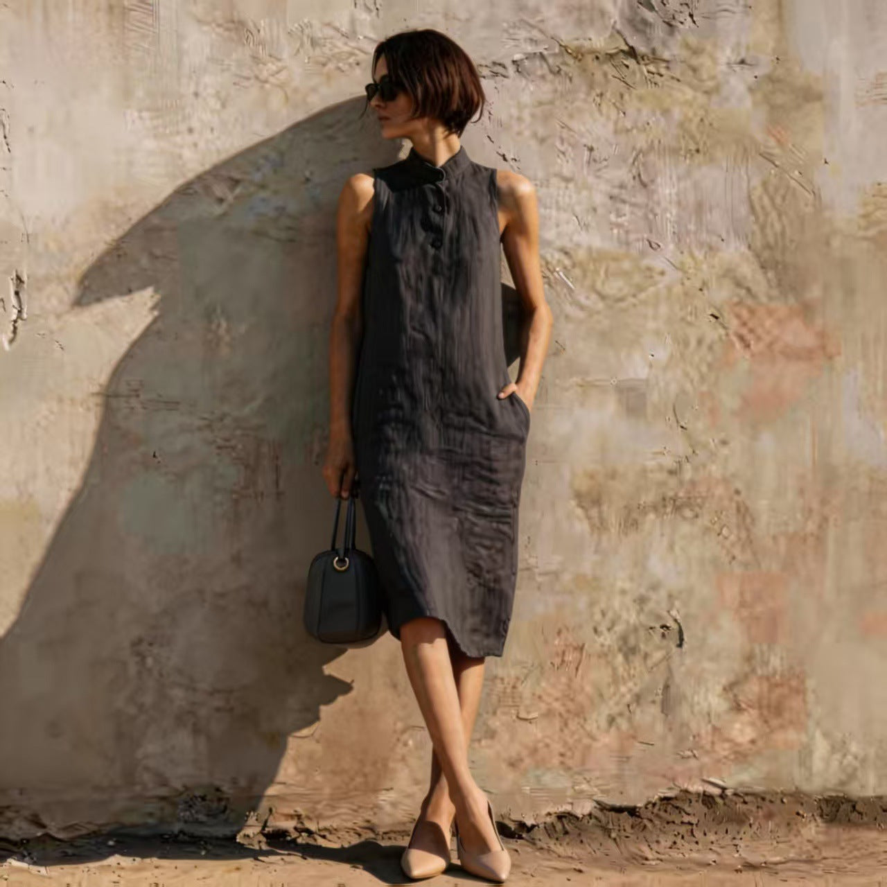 Women's Sleeveless A-Line Midi Dress – Solid Color Cotton Linen Casual FitiqueFit