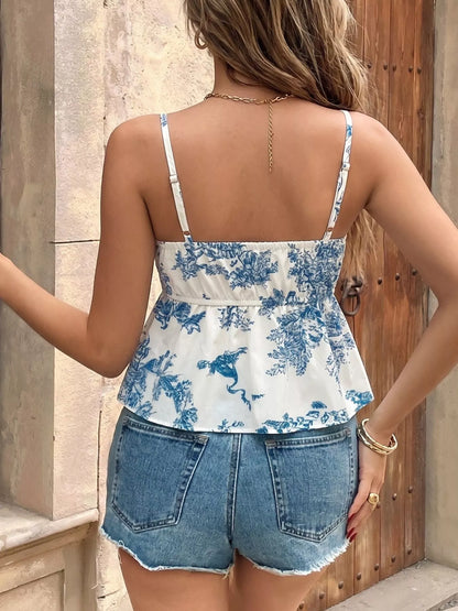 Floral Print Tie Front Ruffle Hem Cami New Era Fashion LLc
