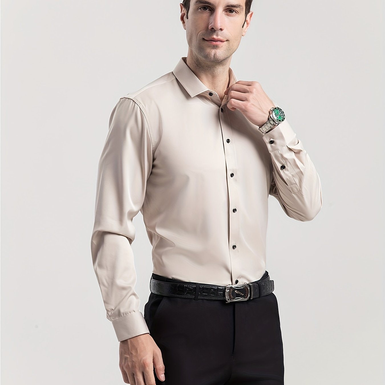 Men'S Stretch Slim-Fit Formal Shirt Without Pockets, Light Business Turn- Collar Long-Sleeved Shirt, Men'S Business Shirt, Wrinkle-Resistant And Durable Solid Color Formal Long-Sleeved Shirt with Buttons And Pockets, Suitable NovaCart