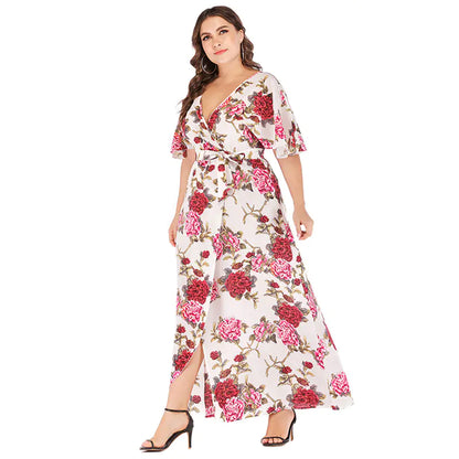 Bohemian V-Neck Short Sleeve Beach Dress with Slit