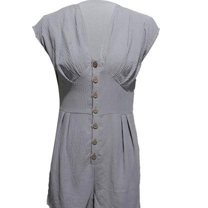 Women’s Short Button Front Jumpsuit – V-Neck Patchwork Romper FitiqueFit