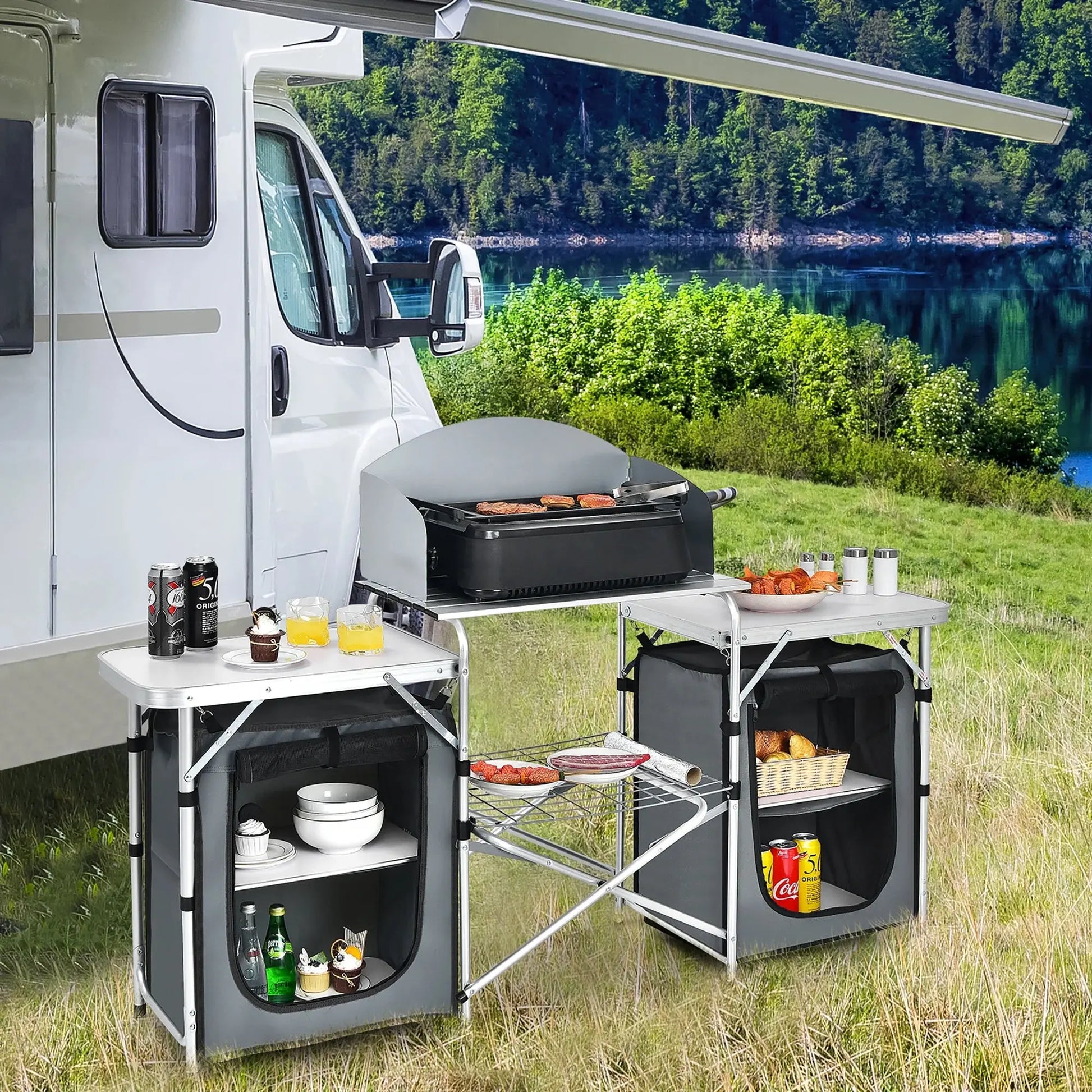 Ultimate Folding Portable Aluminum Camping Grill Table with Storage Organizer and Windscreen in Grey