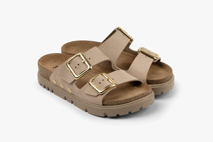 Portofino II by LEON- Women’s Leather Sandal – Double Strap Slide with Cork-style Footbed & Adjustable Buckle LEON Footwear USA