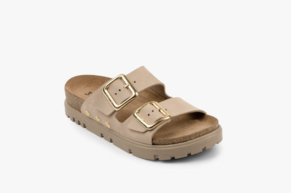 Portofino II by LEON- Women’s Leather Sandal – Double Strap Slide with Cork-style Footbed & Adjustable Buckle LEON Footwear USA