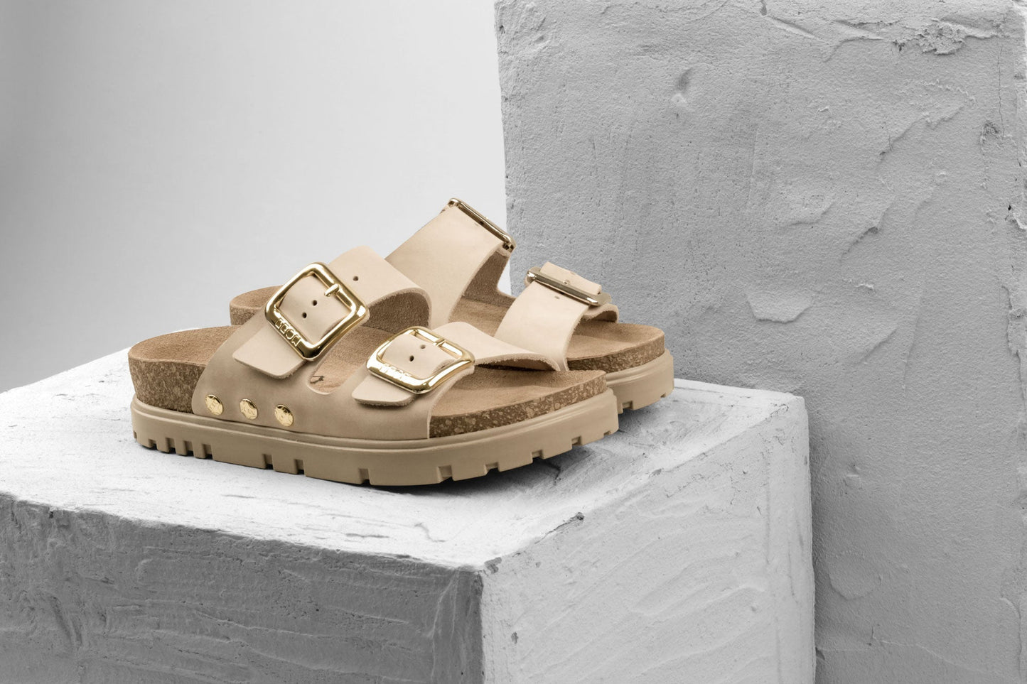 Portofino II by LEON- Women’s Leather Sandal – Double Strap Slide with Cork-style Footbed & Adjustable Buckle LEON Footwear USA