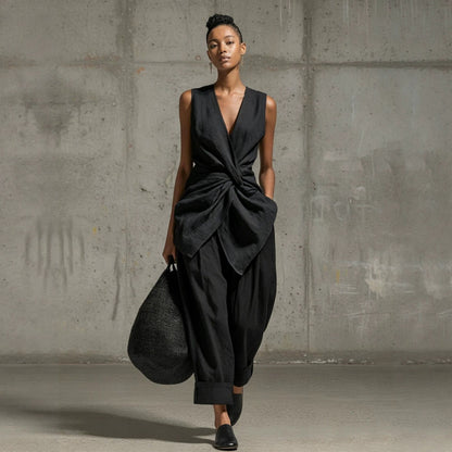Women's Tie-Front V-Neck Sleeveless Top & Wide-Leg Pants Set FitiqueFit