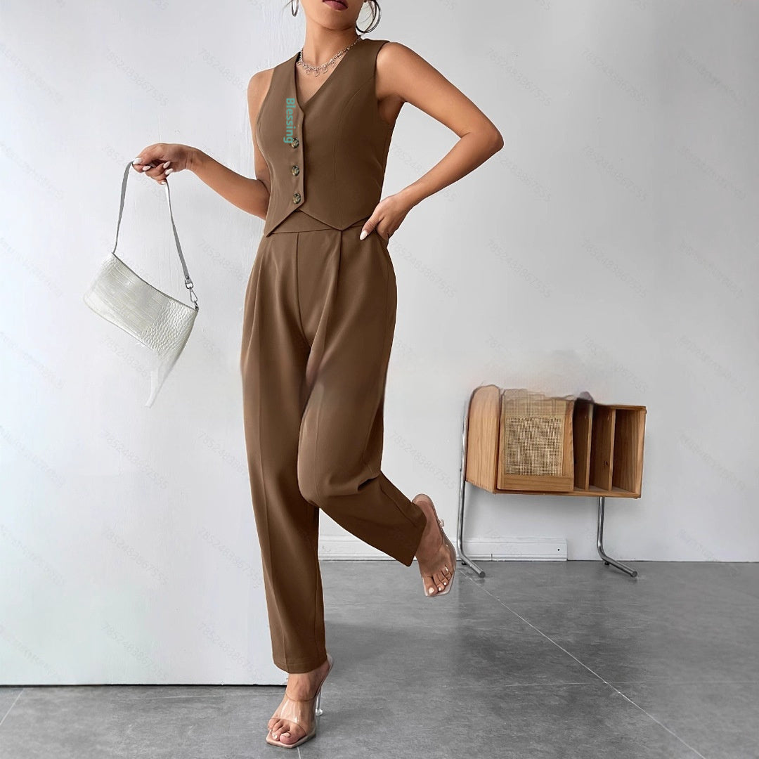 Women’s Coffee Sleeveless Pleated Jumpsuit FitiqueFit