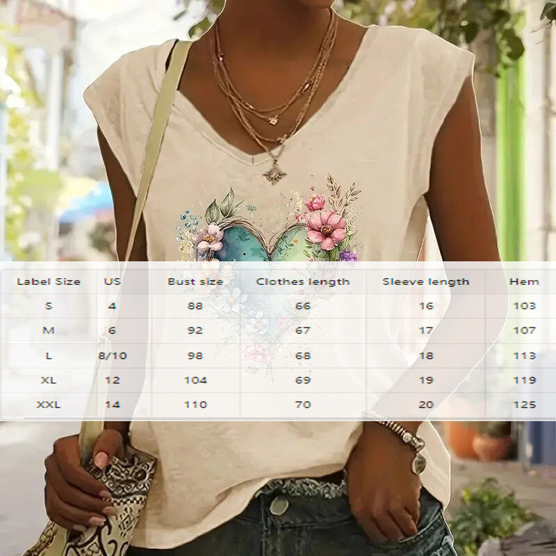 Short Sleeve T-Shirt Floral Heart Print Summer Casual Top FitiqueFit