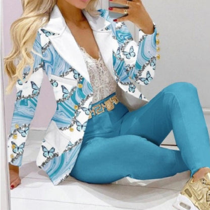Women's Printed Coat & Trousers Two-Piece Set – 19 Prints, Casual Fashion Suit FitiqueFit