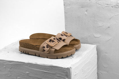 Tessa by LEON- Women’s Leather Sandal – Layered Strap Slide with Cork-style Footbed & Adjustable Buckle LEON Footwear USA