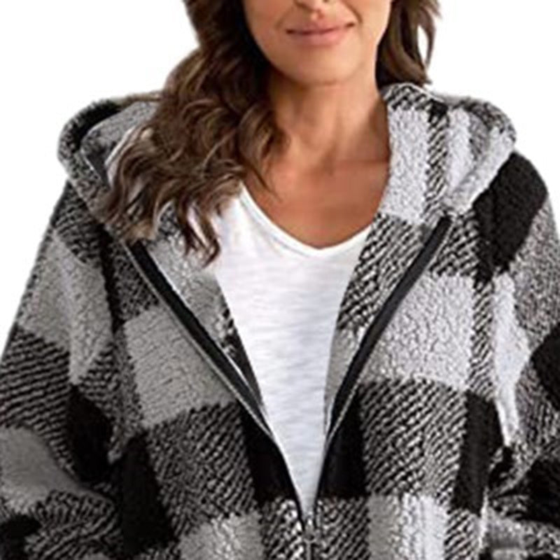 Plaid Hooded Zip-Up Oversized Jacket — Women’s Winter Commute Coat FitiqueFit