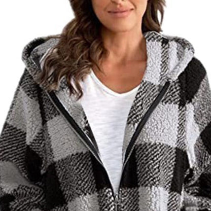 Plaid Hooded Zip-Up Oversized Jacket — Women’s Winter Commute Coat FitiqueFit