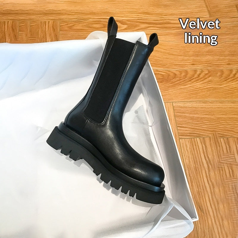 Women’s British-Style Mid-Calf Thick-Soled Leather Boots FitiqueFit