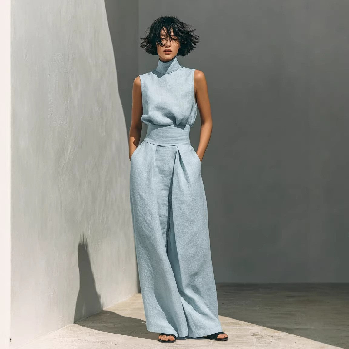 Women’s Cotton Linen Two-Piece Set – Sleeveless Top & Wide-Leg Pants FitiqueFit