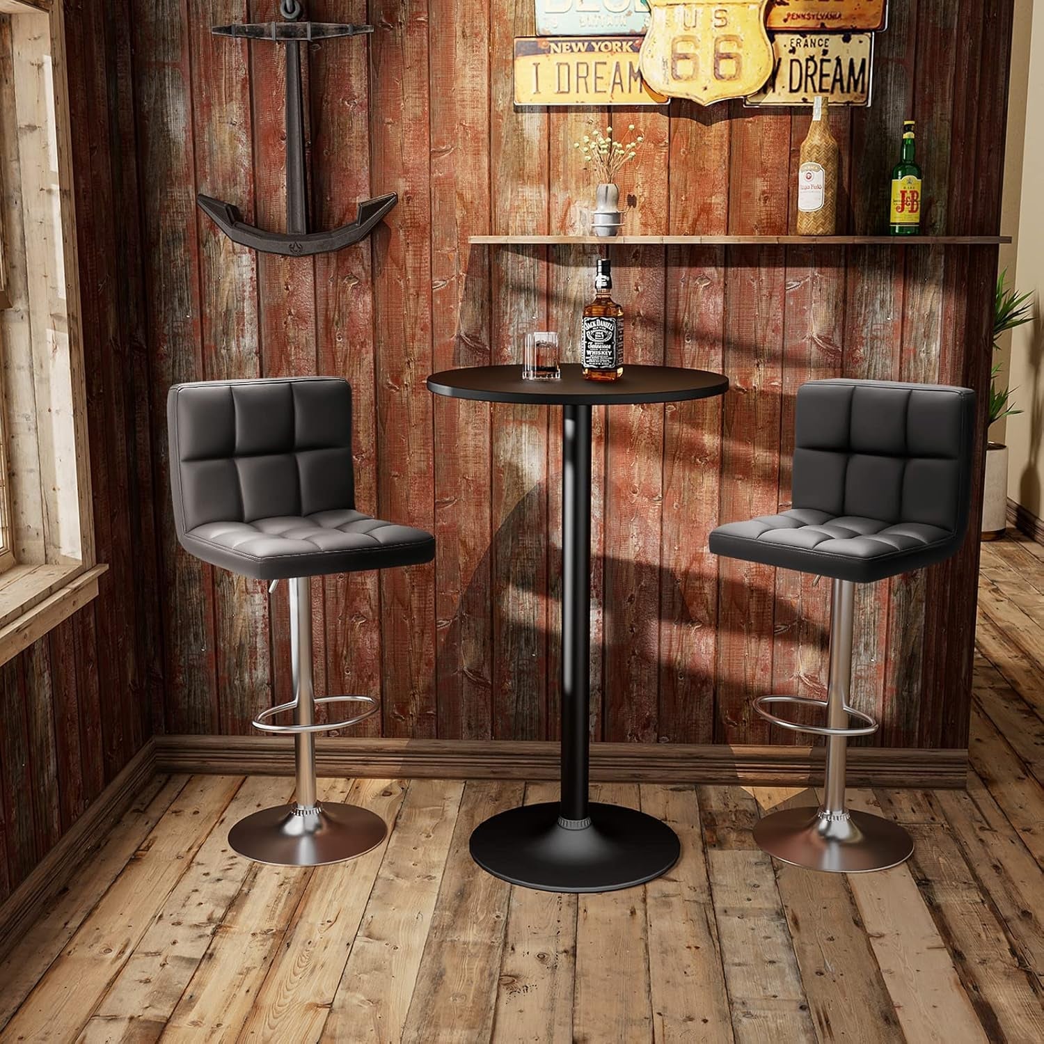 Modern PU Leather Adjustable Swivel Bar Stools, Armless Hydraulic Kitchen Counter Barstools, Extra Height Square Island Barstools with Back, Set of 2 (Black) New Era Fashion LLc