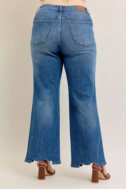 Judy Blue Full Size High Waist Tummy Control Chew Hem Destroy Wide Jeans Plus Size Garden Naked Curves