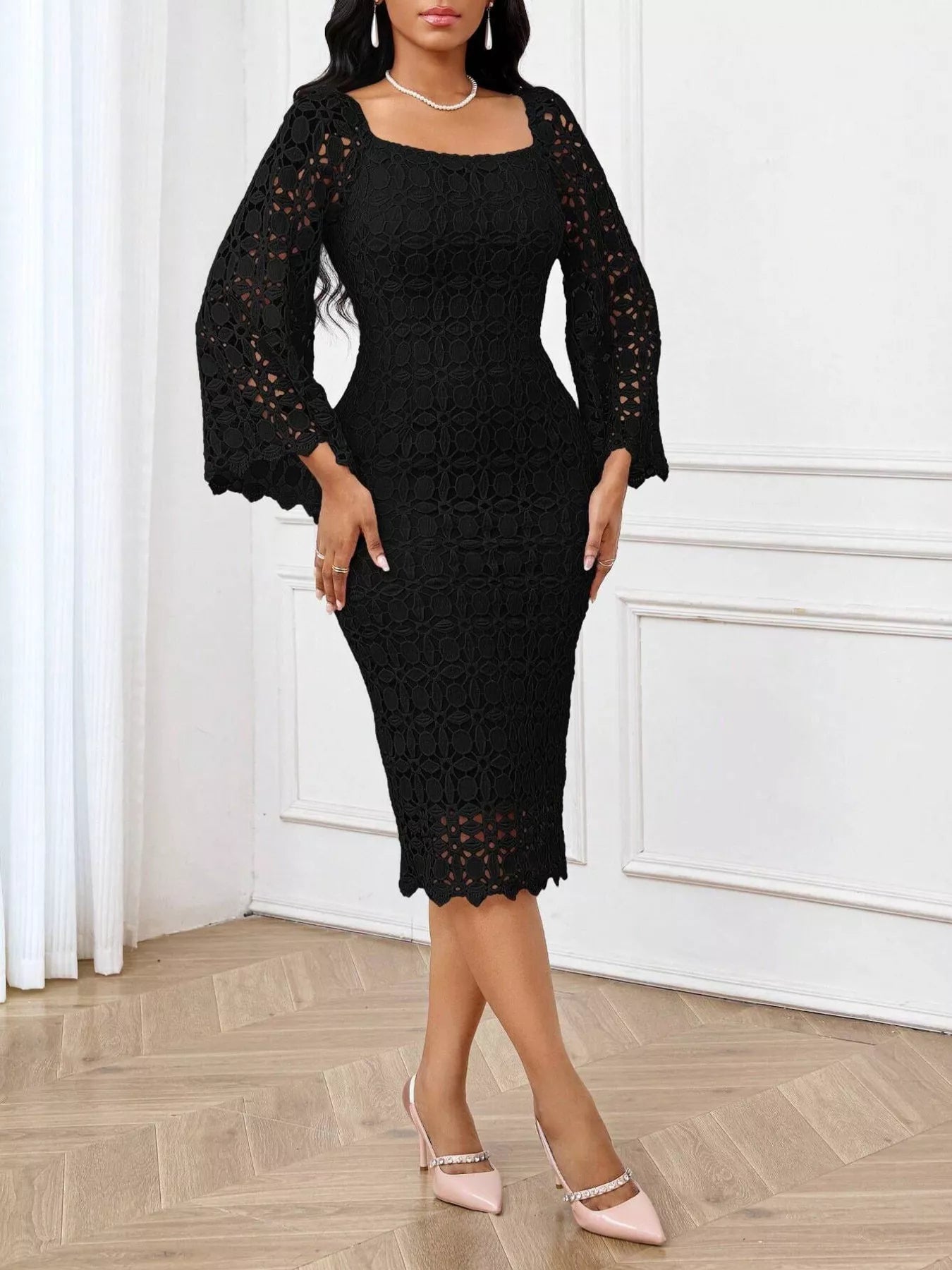 Lace Square Neck Midi Dress New Era Fashion LLc
