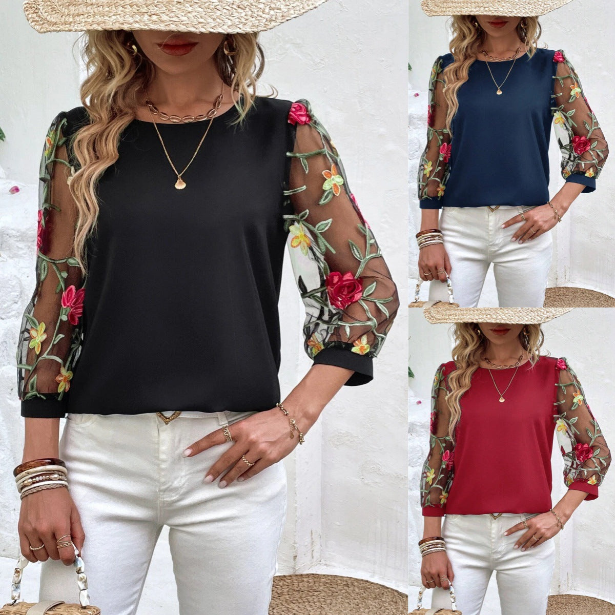 Women's Mesh Patchwork Three-Quarter Sleeve Top – Casual Chic FitiqueFit