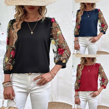 Women's Mesh Patchwork Three-Quarter Sleeve Top – Casual Chic FitiqueFit