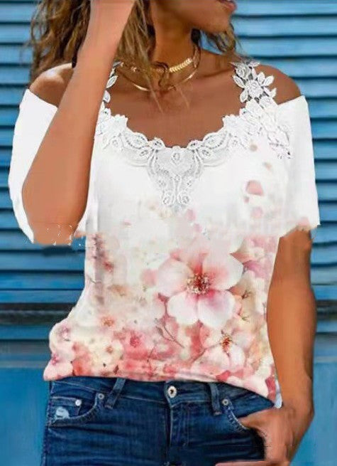 🦋 Vibrant Butterfly Lace Off-Shoulder V-Neck Tee FitiqueFit