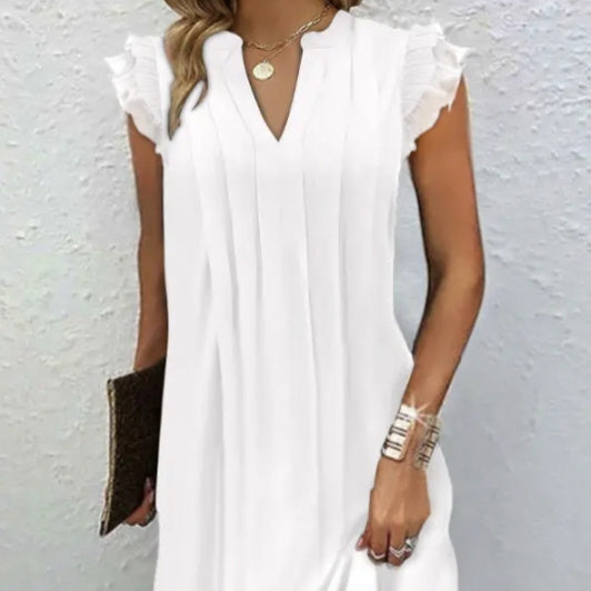 Ladies’ Notch V‑Neck Pleated Petal‑Sleeve Maxi Dress FitiqueFit