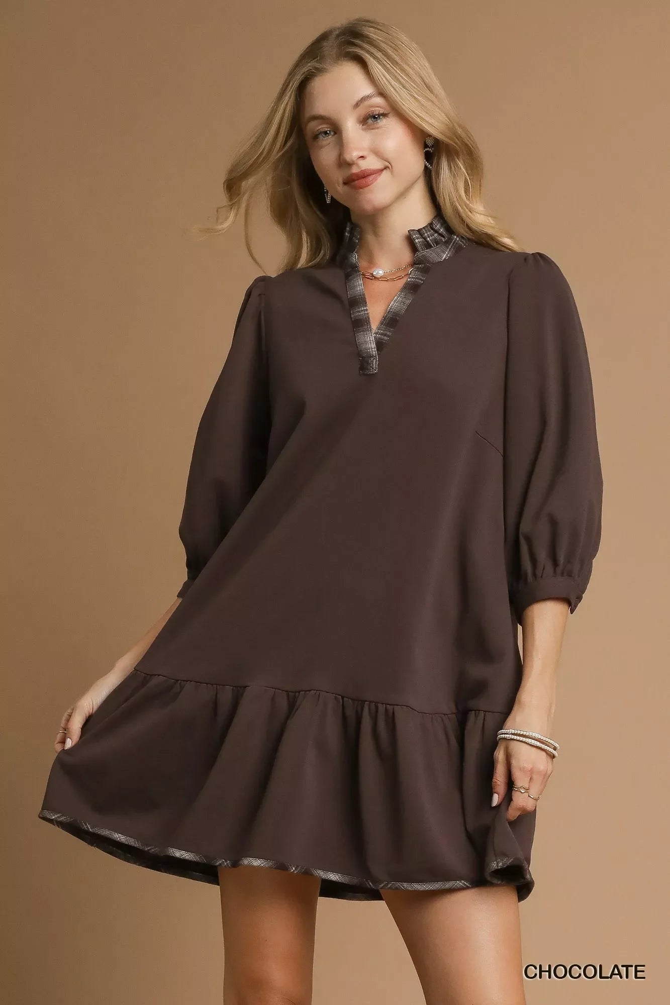 Umgee French Terry Ruffle Hem Dress with Plaid Trim West2East Surf