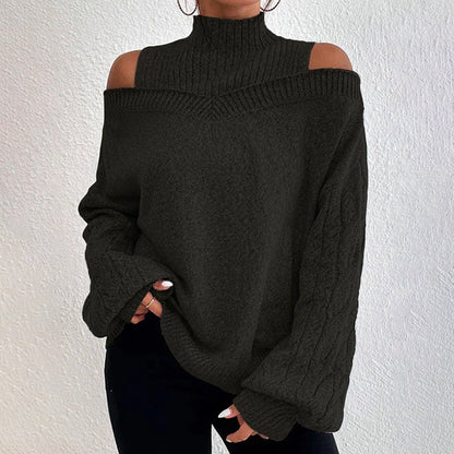 Women's Cold Shoulder Sweater - High Neck Cut Out Pullover Long Sleeve FitiqueFit