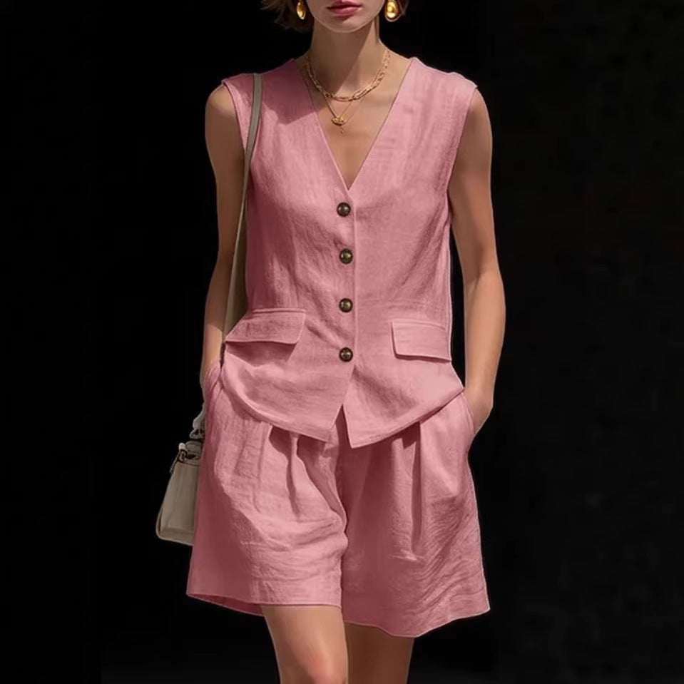 Women’s Cotton Linen Sleeveless Vest Top and Shorts Set FitiqueFit