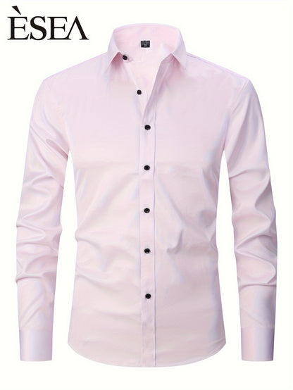 Men'S Stretch Slim-Fit Formal Shirt Without Pockets, Light Business Turn- Collar Long-Sleeved Shirt, Men'S Business Shirt, Wrinkle-Resistant And Durable Solid Color Formal Long-Sleeved Shirt with Buttons And Pockets, Suitable NovaCart