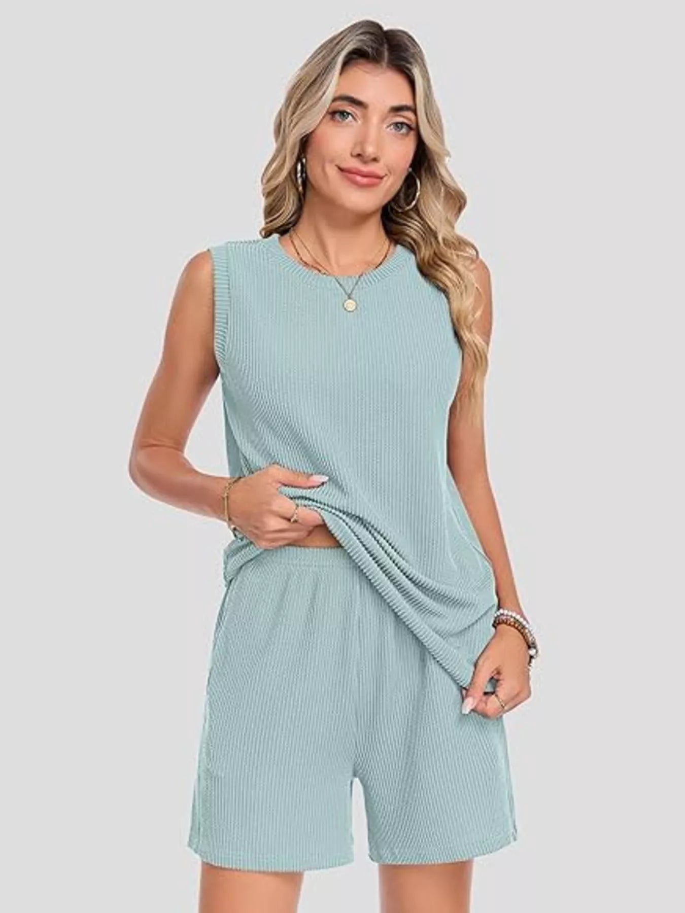 Casual Ribbed Knit Sleeveless Top and Shorts Set New Era Fashion LLc