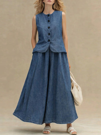 Women's Crew Neck Denim Vest Top & High-Waist A-Line Skirt Set – 3 Colors S–XXL FitiqueFit
