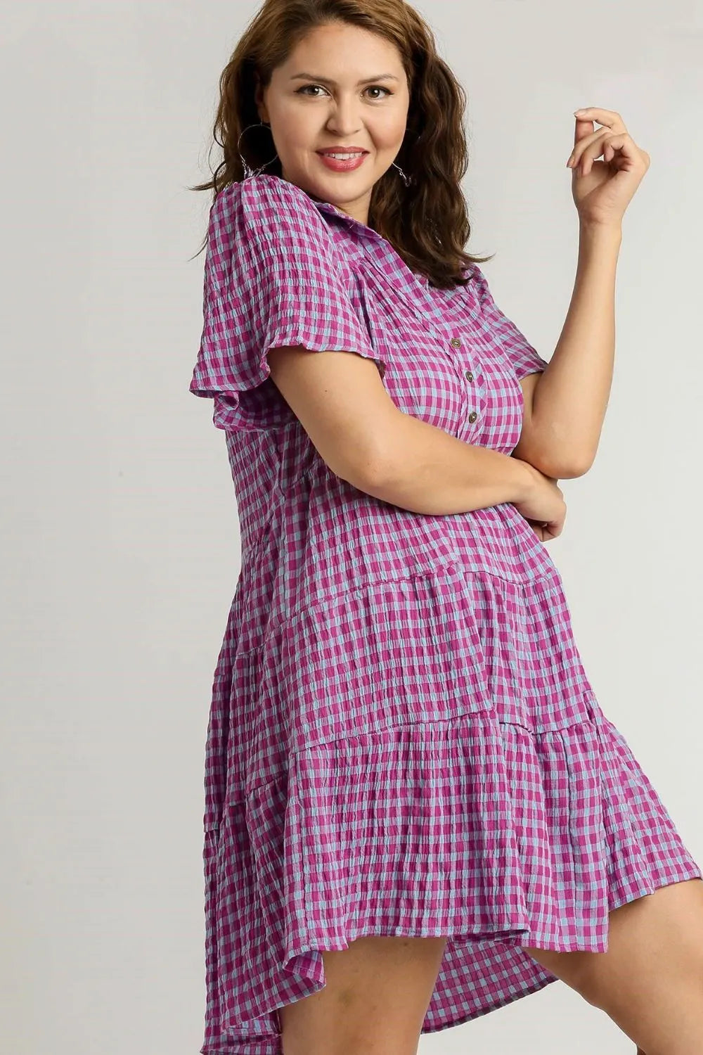 Umgee Full Size Gingham Tiered Button Detail Short Sleeve Dress Plus Size West2East Surf