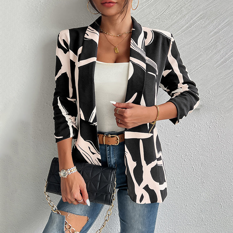 Women's Abstract Print Blazer Button Long Sleeve Work Jacket FitiqueFit
