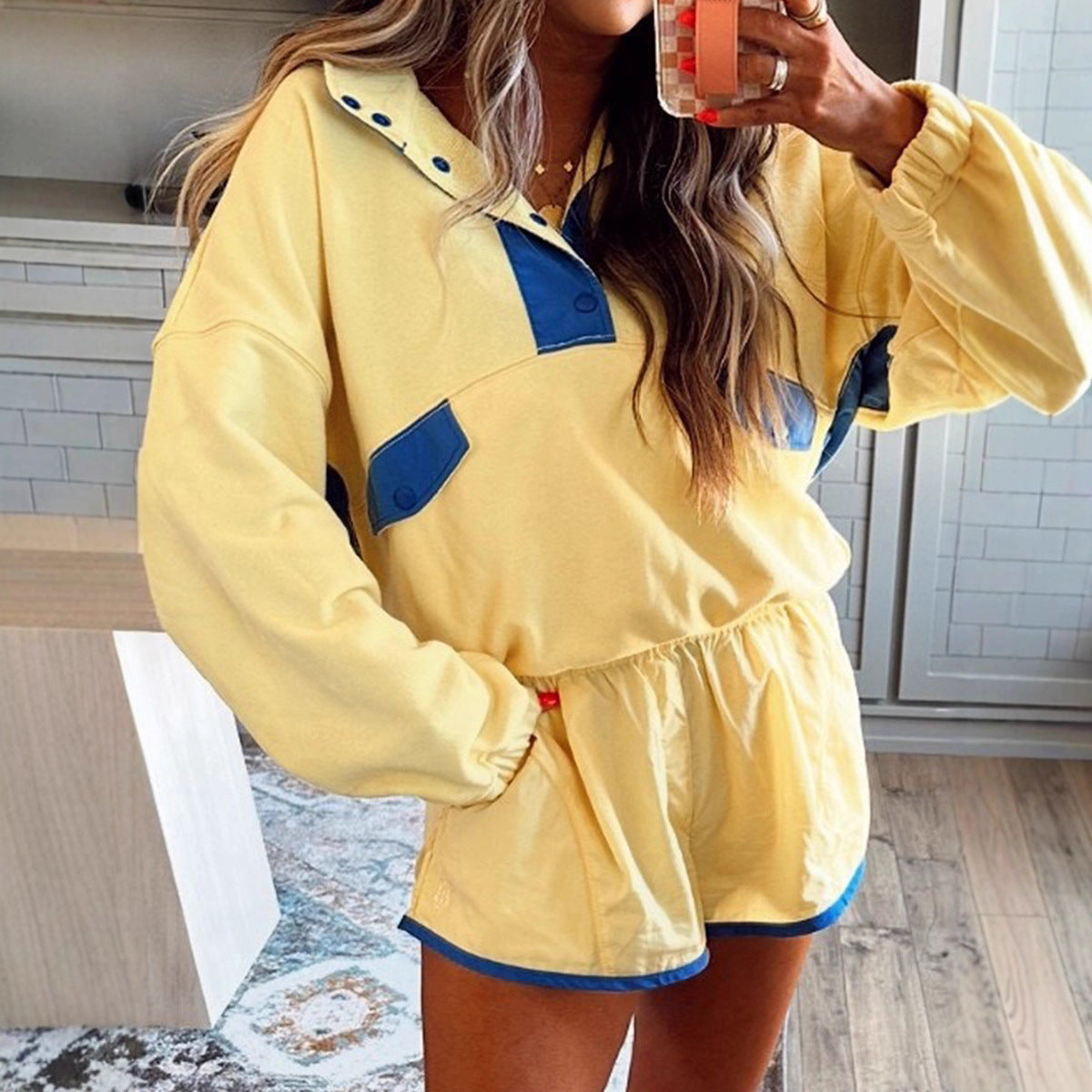 Women's Long-Sleeve Contrast Color 2-Piece Set – Top & Cropped Pants FitiqueFit