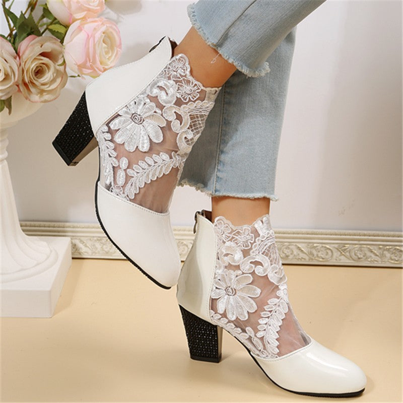Lace-Embroidered Mesh Chunky-Heel Ankle Boots | Black & White EU 35–43 FitiqueFit