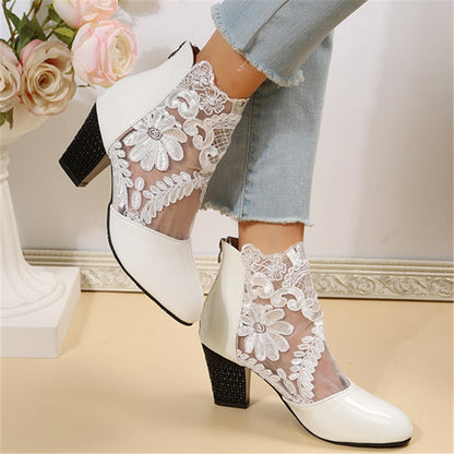 Lace-Embroidered Mesh Chunky-Heel Ankle Boots | Black & White EU 35–43 FitiqueFit