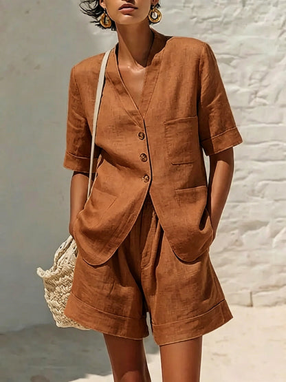 Women's Cotton-Linen Loose-Fit T-Shirt & Cropped Shorts Two-Piece Set FitiqueFit