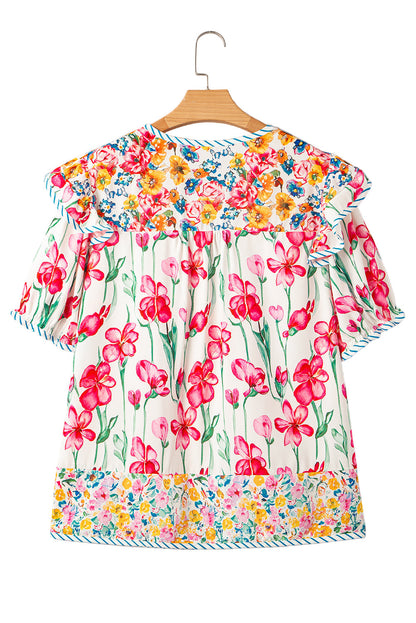 Pink Plus Size Floral Print Striped Trim V Neck Blouse Garden Naked Curves