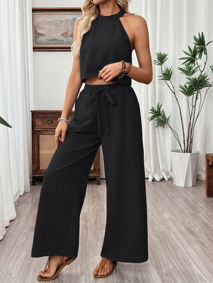 Women's Halter Neck Cropped Top & Wide-Leg Pants Two-Piece Set FitiqueFit