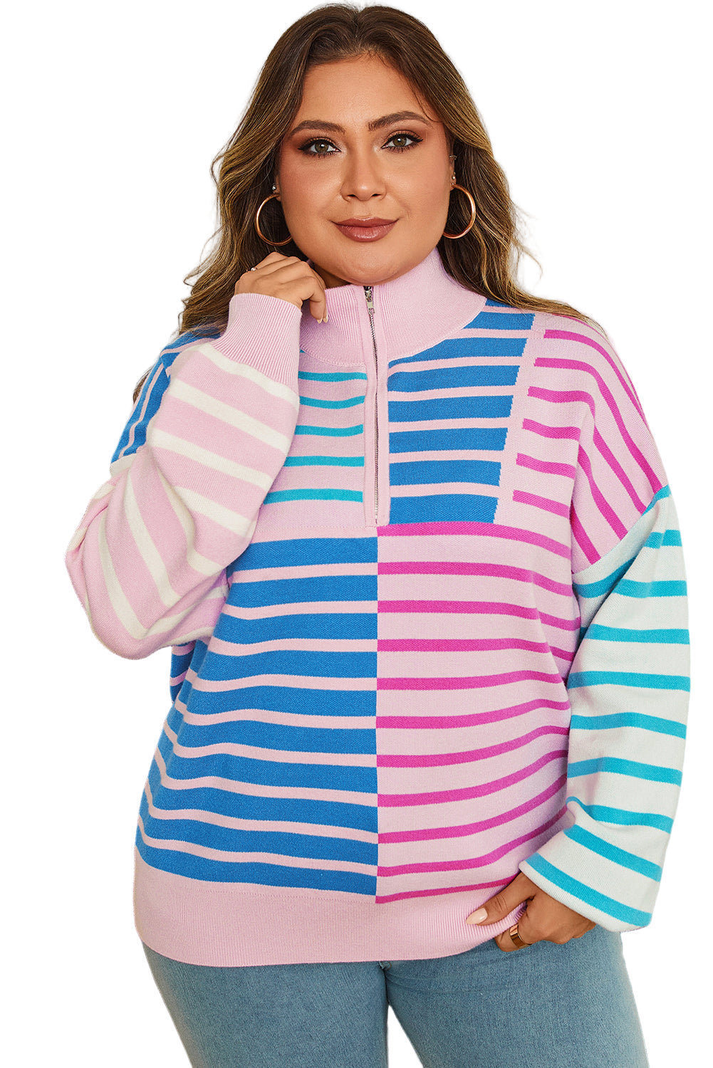 Sky Blue Stripe Colorblock Patchwork Plus Size Half Zip Sweater Garden Naked Curves